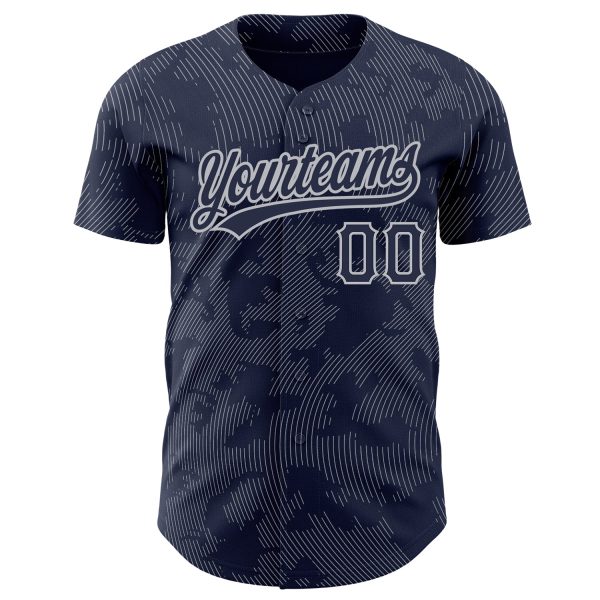 Custom Navy Gray 3D Pattern Design Curve Lines Authentic Baseball Jersey - Image 2