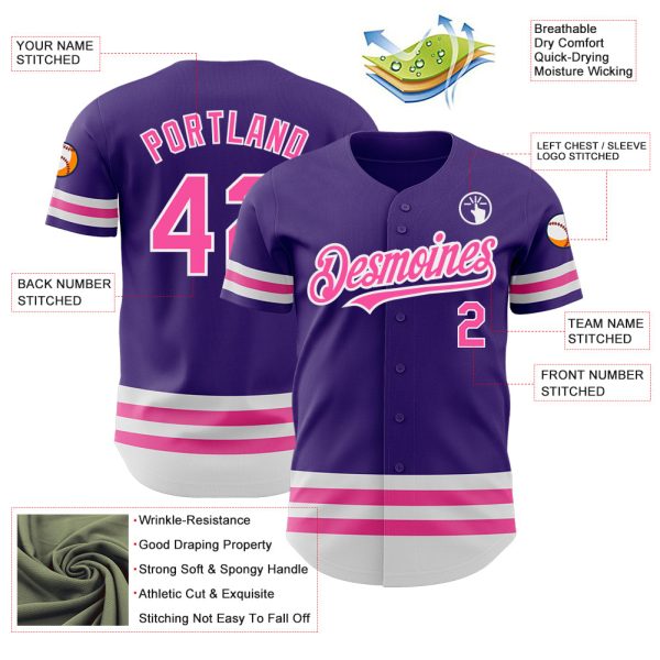 Custom Purple Pink-White Line Authentic Baseball Jersey - Image 3