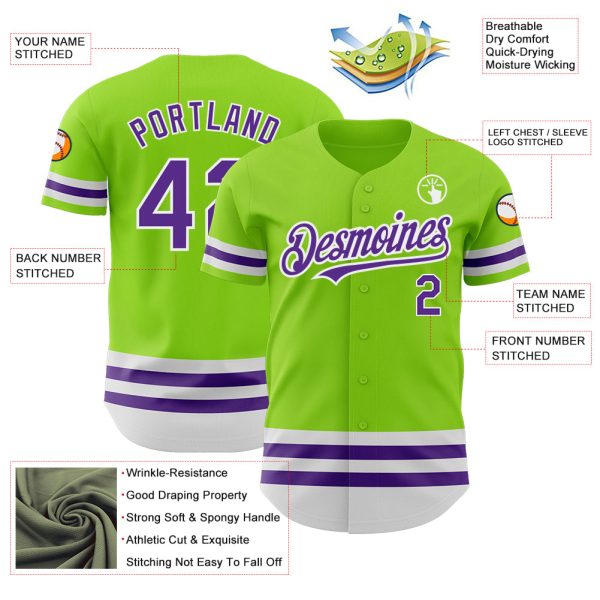 Custom Neon Green Purple-White Line Authentic Baseball Jersey - Image 3