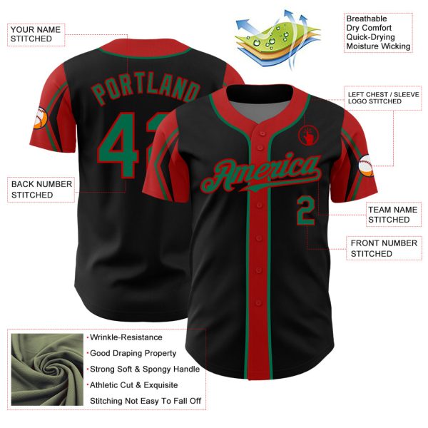 Custom Black Kelly Green-Red 3 Colors Arm Shapes Authentic Baseball Jersey - Image 4