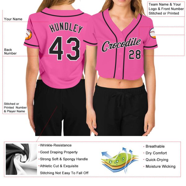 Custom Women's Pink Black-White V-Neck Cropped Baseball Jersey - Image 3