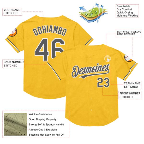 Custom Gold Steel Gray-White Mesh Authentic Throwback Baseball Jersey - Image 3