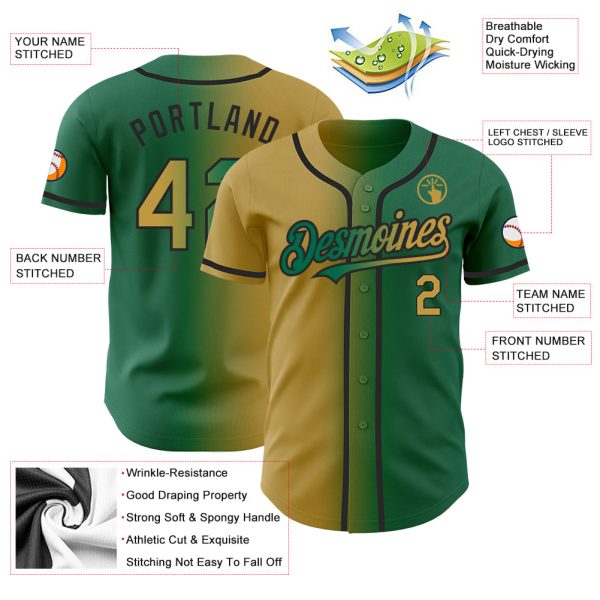 Custom Kelly Green Old Gold-Black Authentic Gradient Fashion Baseball Jersey - Image 3