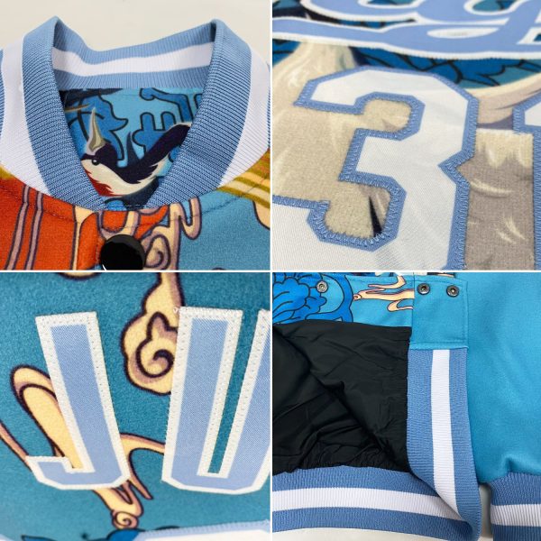 Custom Light Blue White Heron And Cloud 3D Pattern Design Bomber Full-Snap Varsity Letterman Jacket - Image 2