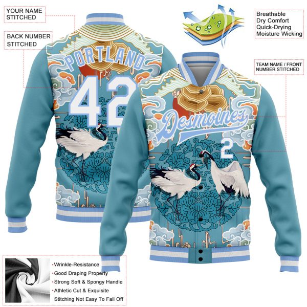 Custom Light Blue White Heron And Cloud 3D Pattern Design Bomber Full-Snap Varsity Letterman Jacket - Image 3