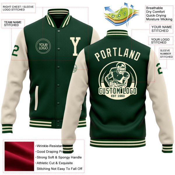 Custom Green Cream Bomber Full-Snap Varsity Letterman Two Tone Jacket - Image 3
