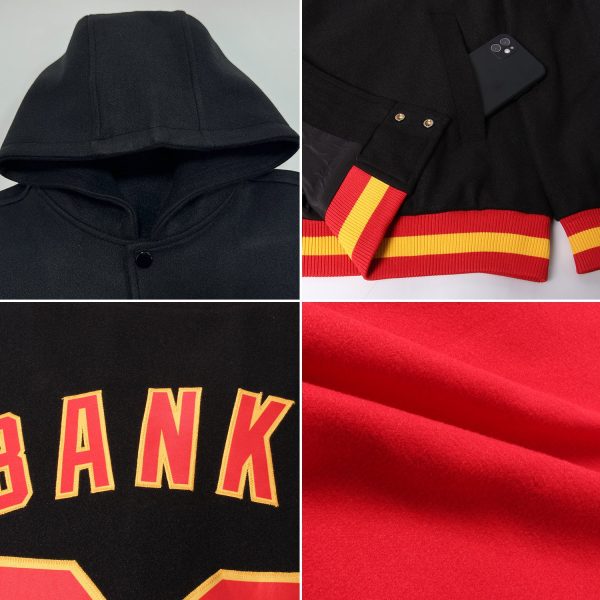 Custom Red Black-Old Gold Bomber Full-Snap Varsity Letterman Hoodie Jacket - Image 2