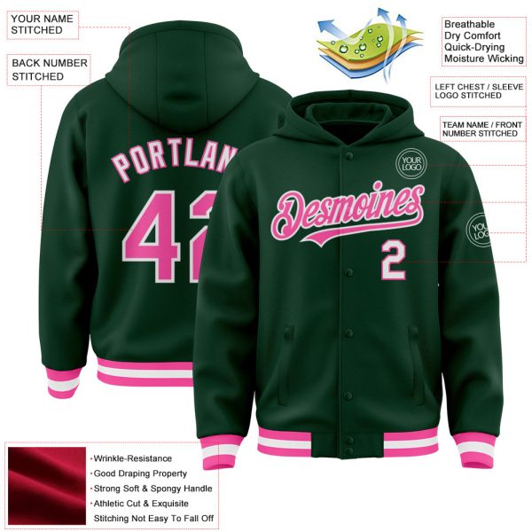 Custom Green Pink-White Bomber Full-Snap Varsity Letterman Hoodie Jacket - Image 3