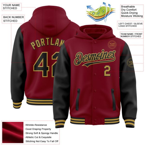 Custom Crimson Black-Old Gold Bomber Full-Snap Varsity Letterman Two Tone Hoodie Jacket - Image 3