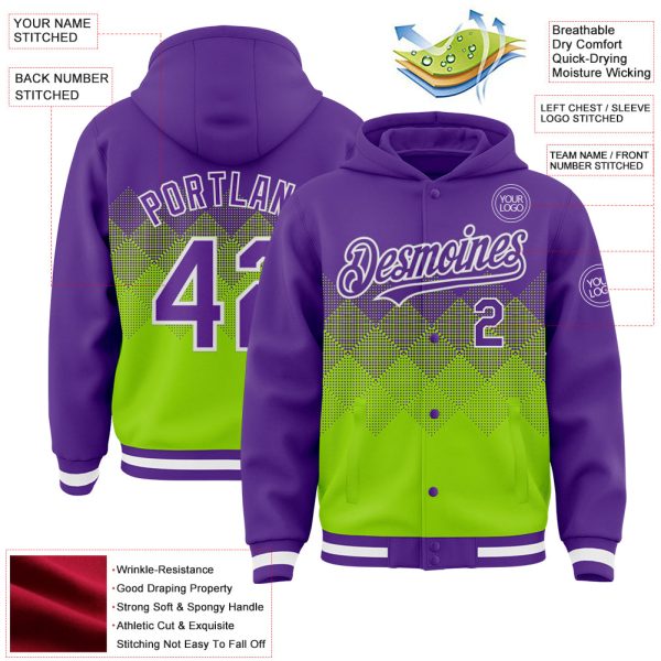 Custom Purple Neon Green-White Gradient Square Shape 3D Pattern Design Bomber Full-Snap Varsity Letterman Hoodie Jacket - Image 3
