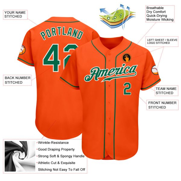 Custom Orange Kelly Green-White Authentic Baseball Jersey - Image 3
