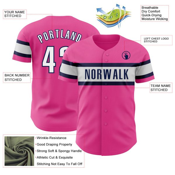Custom Pink White-Navy Authentic Baseball Jersey - Image 3