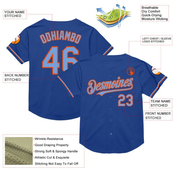 Custom Royal Powder Blue-Orange Mesh Authentic Throwback Baseball Jersey - Image 3