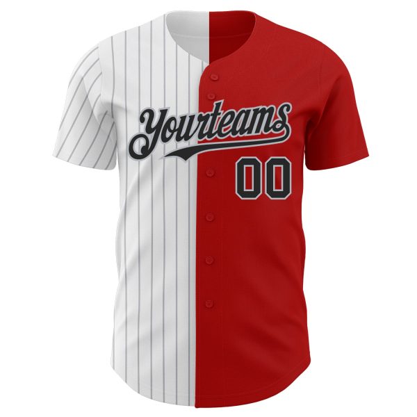 Custom Red Black-Gray Pinstripe Authentic Split Fashion Baseball Jersey - Image 2