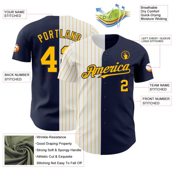 Custom Navy White-Gold Pinstripe Authentic Split Fashion Baseball Jersey - Image 3