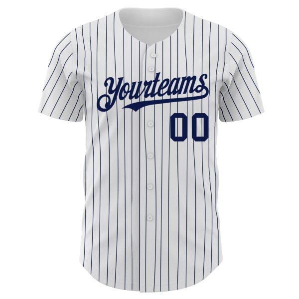 Custom White Navy Pinstripe Navy Authentic Baseball Jersey - Image 2